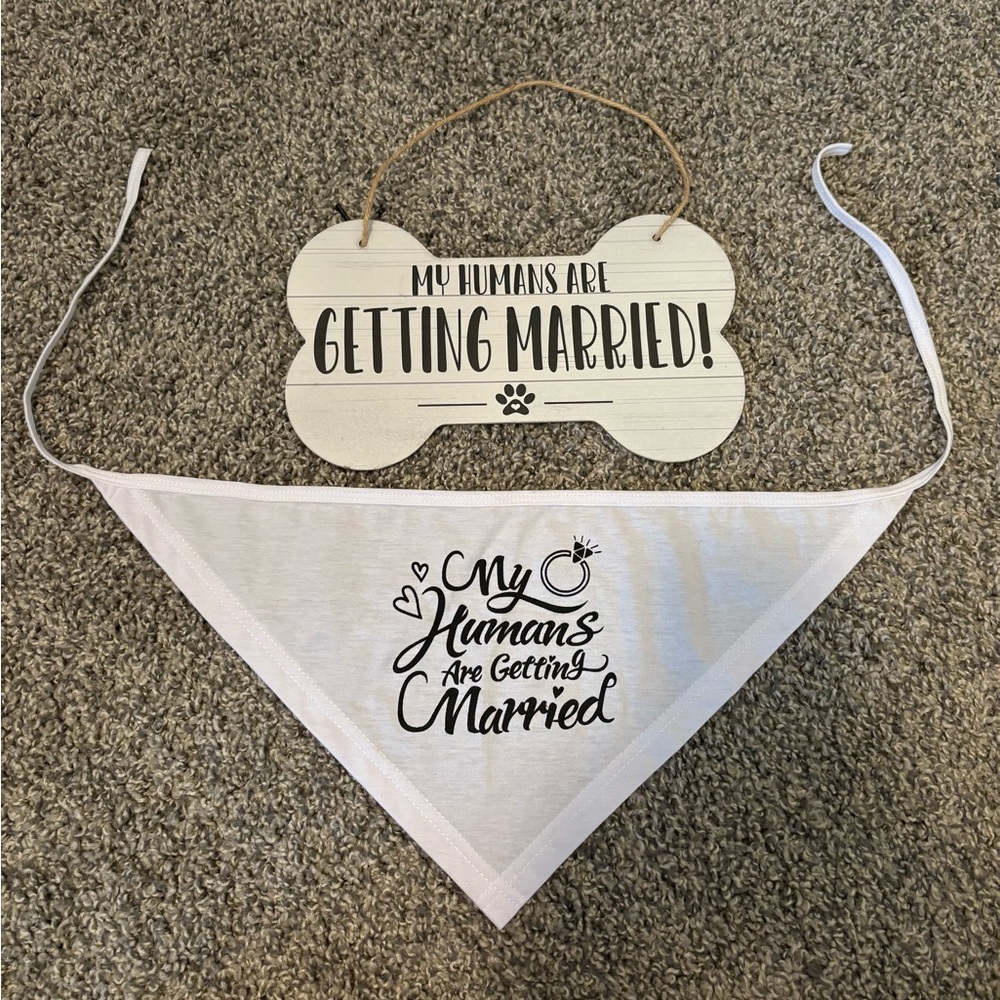 White Wedding Dog Bandana and Sign Set